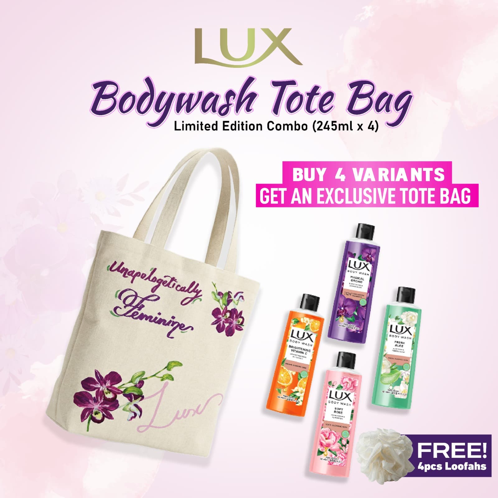 Buy 4 Variants of Lux Body Wash (245ml Each) & Get An Exclusive Tote Bag