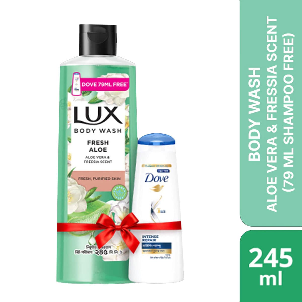 Lux Body Wash Freesia Scent & Aloe Vera 245ml with Dove 79ml Shampoo Free